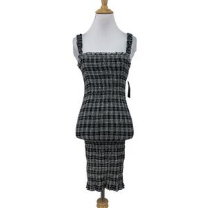Volcom Shirred Mini Dress Womens XS Extra Small Check Plaid Square Neck Bodycon